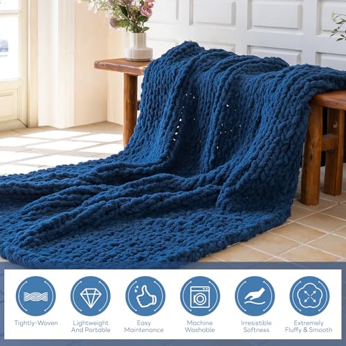 Chunky Knit Blanket - Luxury Soft Cozy 60 * 80 Throw Blanket,100% Woven Blanket Rope Knot Throw Blanket for Couch, Sofa, Home Decor, Gift - Machine Washable (Deep Blue, 60 * 80) - color: Deep Blue, size: 60*80