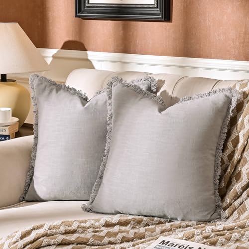 AmHoo Pack of 2 Linen Pillow Covers with Tassels Fringed Decorative Rustic Natural Throw Pillowcase Cushion for Couch Sofa Bedroom 18 x 18-Inch Light Grey - color: Light Grey, size: 18" x 18" (Pack of 2)