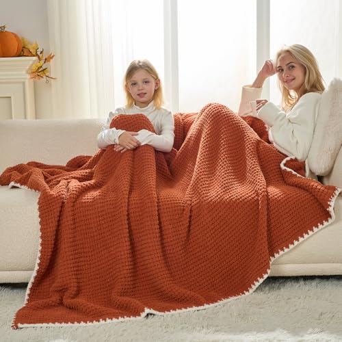 Snuggle Sac Orange Waffle Throw Blanket for Couch Bed Sofa 50x60 inches, Reversible Blanket Microfiber Fluffy Fuzzy Cozy Knit Soft Throws for Women Mothers Birthday Gifts - color: Waffle Orange 2, size: Throw(50"x60")