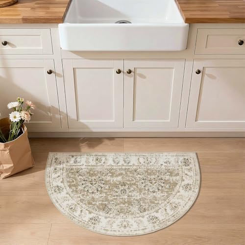 jinchan Fiora Washable Small Area Rug, 2x3 Half Circle Floral Entryway Rug, Low Pile Half Moon Doormat Soft Non Slip Dirt Trapping Carpet for High Traffic Kitchen Bathroom Vanity, Distressed Taupe - color: Distressed Taupe, size: 1'9" x 3' (Semicircular)