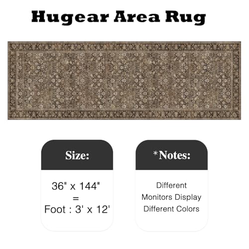 HUGEAR 3x12 Runner Rug Machine Washable Brown Hallway Area Rug Indoor Accent Rug Floral Low Pile Carpet Soft Throw Rug Bedroom Living Room Office Dining Room Kitchen Laundry Room Non Slip - color: Floral | Brown, size: 3' x 12' (Runner)