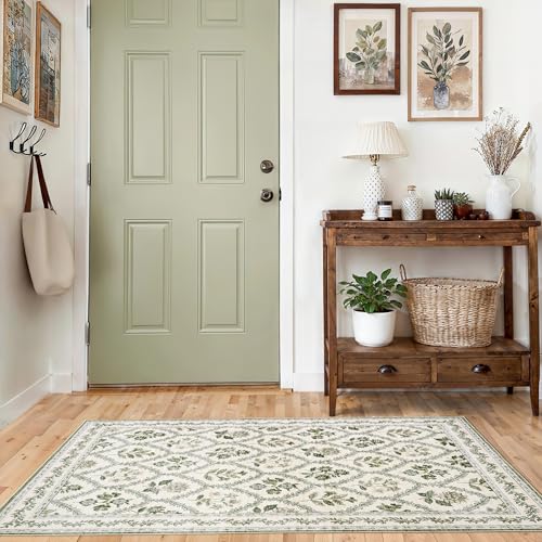 Green and Beige Rugs 4x6 Nursery Area Rugs Washable for Living Room, Christmas Faux Wool Soft Floral Boho Vintage Indoor Carpet for Bedroom, Dark Emerald Olive Green Flower and Leaf - color: Olive / Beige, size: 4' x 6' (Rectangular)