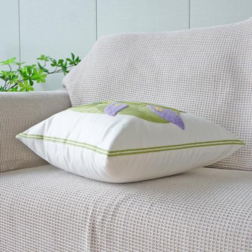 vctops Farmhouse Calla Lily Cotton Tufted Throw Pillow Cover Spring Floral Embroidery Pillowcase Soft Square Cushion Case for Sofa Couch Bed Chair (Purple C,18"x18") - color: Purple C