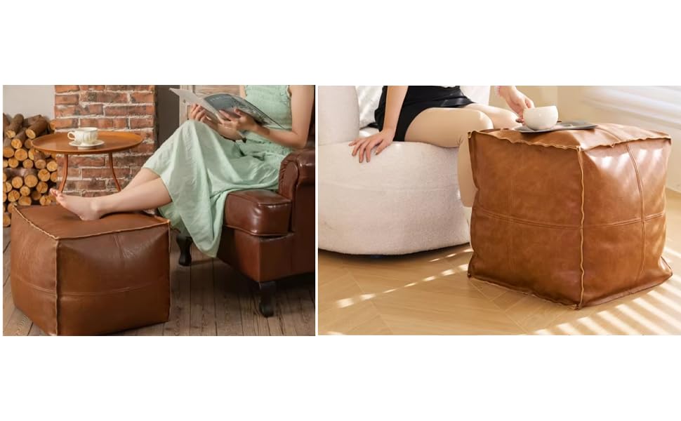 Faux Leather Unstuffed Pouf Ottoman, Square Pouffe Footstool Storage Stool, Pouf Sleeve Without Stuffing, Foot rest Suitable for living Room,Bedroom or Balcony（Size：17"D x 17"W x 15"H)No Filler