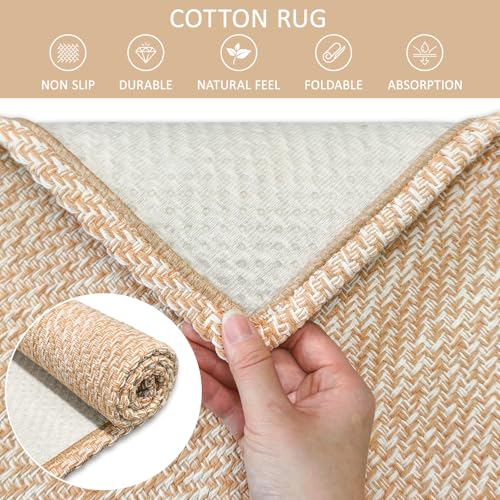 Washable Runner Rug 2x3 Ft Small Entryway Rug Indoor Door Mat Non Slip Front Door Rugs Indoor Braided Cotton Floor Carpet for Front Entrance Bathroom Kitchen Foyer, Khaki/Ivory - color: Khaki/Ivory, size: 2x3