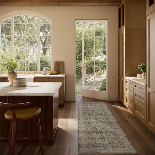 Machine Washable Hallway Runner Rugs: 2'x6' Kitchen Rug Stain Resistant Non Slip Low Pile Soft Carpet Runners for Hallways Indoor Entryway Kitchen Laundry Room Bedroom Bathroom Farmhouse - color: Dark Green Brown, size: 2' x 6' (Rectangular)