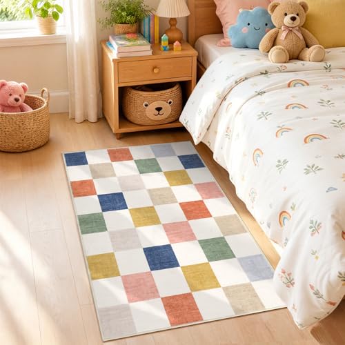 GarveeHome Checkered Colorful Rainbow Small 2x3 Washable Rug Door Mat Geometric Modern Soft Low-Pile Stain Resistant Kids Rug for Entryway Bedroom Bathroom Kitchen Non-Slip TPE Backing - color: Colorful, size: 2' x 3' (Rectangular)
