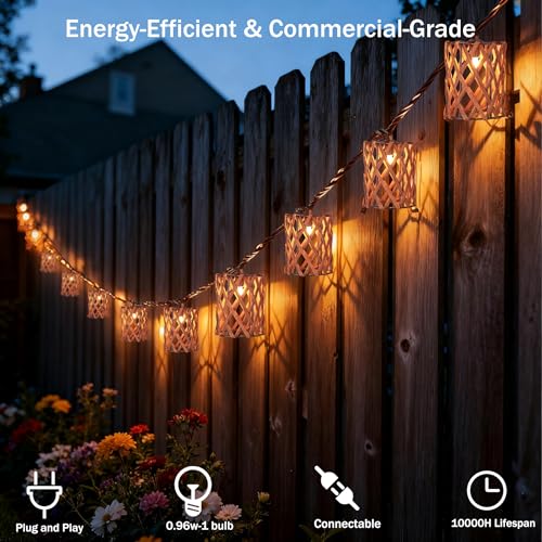 Decorative String Lights Plug in with 10 Incandescent Bulbs, Handwoven Rattan Cylinder-shaped Boho Lantern String Lights Connectable Weatherproof Outdoor Indoor for Bedroom Patio Pergola Decor (Brown) - color: Brown