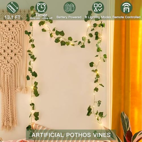 suddus Vine with Fairy Lights Battery Operated, 13.1ft 40 LED Pothos String Lights with Remote, Leaf Lights for Bedroom, Room, Wall, Garden, Party, Wedding Dorm Decor(Warm White) - color: Pothos, size: 40 LED-Battery-Copper