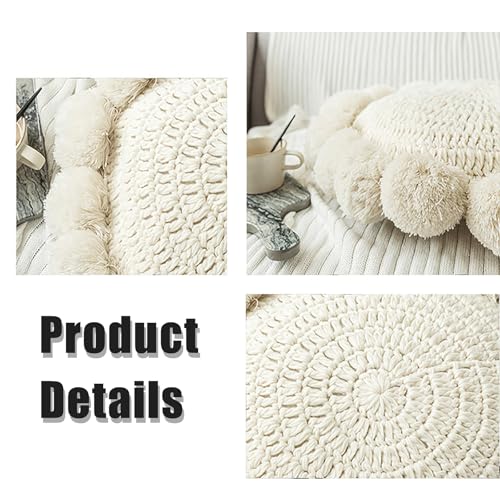 Byitre Bohemian Round Pillow 20 Inch | 100% Cotton Decorative Pillow Hand Tufted with Chunky Textured Poms | Boho Throw Pillow for Bed or Couch | Natural Beige Throw Pillow - color: Sunflower Beige