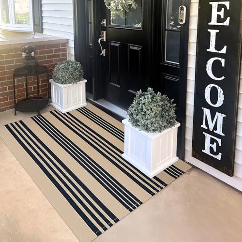KILOCOCO Striped Rug 3'X5' Front Door Mat Outdoor Welcome Mats Rugs Outdoor Cotton Washable Front Porch Rug Layered Doormats for Kitchen/Farmhouse/Entryway/Patio, Brown - color: Brown and Black Stripe, size: 3' x 5' (Rectangular)