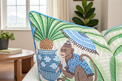 VAGMINE Chinoiserie Monkey Palm 20x20 Inch Throw Pillow Cover - Green Blue Pineapple Ginger Jar Print on Textured Polyester - Cushion Case for Couch Sofa - Tropical Decor - color: Tropical Palm Monkey, size: 20" x 20" (Pack of 1)