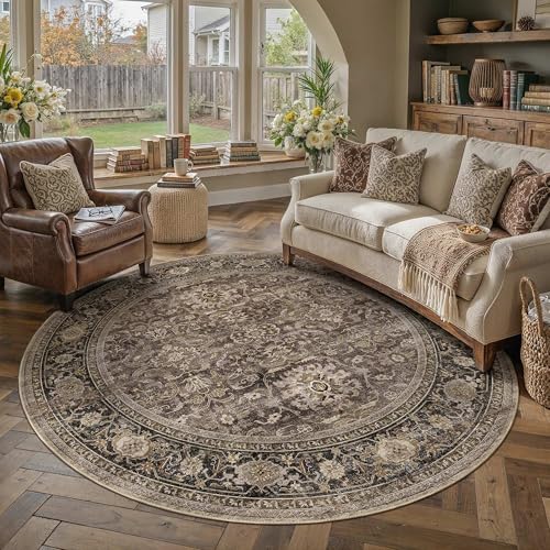 HUGEAR Brown Washable 4x4 Round Area Rugs for Living Room Bedroom Vintage Distressed Neutral Rug Carpet Durable Soft Non Slip & Shedding Stain Resistant Low Pile Indoor Home Decor - color: Retro | Brown, size: 4' (Round)