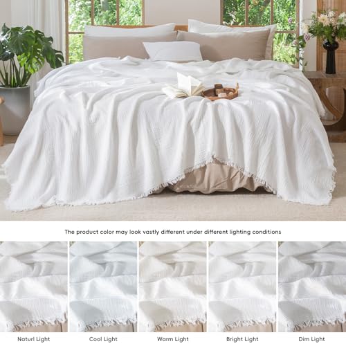 MooMee Muslin Blanket - 100% Cotton 4-Layer Gauze Throw Blanket with All-Around Fringe, Soft Breathable Lightweight Cooling Summer Blankets for Bed Couch (Bright White,Twin XL 66" x 90") - color: Bright White, size: Twin XL