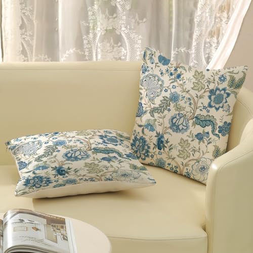 Boho Pillow Covers 18x18 Set of 2 Vintage Blue Flower Throw Pillow Covers Outdoor Decoration Chinoiserie Floral Pillowcase Farmhouse Decorative Linen Cushion Case for Home Sofa Couch - color: Boho-flower-blue, size: 18" x 18" (Pack of 2)