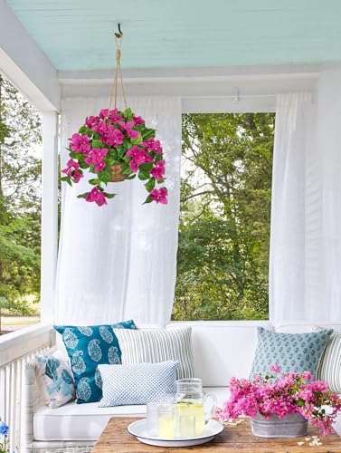 Briful Fake Hanging Basket Flowers, 27.5in Faux Pink Bougainvillea Flowers in Woven Rattan Planter with Cascading Vines for Home Garden Balcony Outdoor Porch Decor, Pink - color: Hot Pink