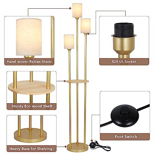Floor Lamps for Living Room, 3-Lights Modern Floor Lamp with Shelves, Gold Standing Lamp with Fabric Shade and Foot Switch, Shelf Standing Lamps with Table, Tall Table Lamps for Bedroom Office - style: Gold-Fabric Shade