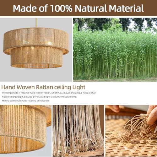 18'' Boho Rattan Chandelier Hand Woven Chandelier Light Fixture 3-Light Farmhouse Drum Pendant Light for Dining Room Bedroom Kitchen Hallway Foyer - color: 18" Rattan Gold