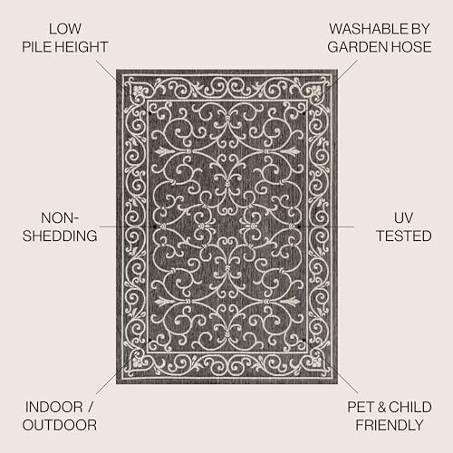 JONATHAN Y Vintage Filigree Indoor Outdoor Round Area Rug 3 Ft Black/Gray, Charleston Textured Weave for Backyard, Patio, Porch, Easy-Cleaning, High Traffic, Pet-Friendly, Non-Shedding (SMB106G-3R) - color: Black/Gray, size: 3'1" (Round)