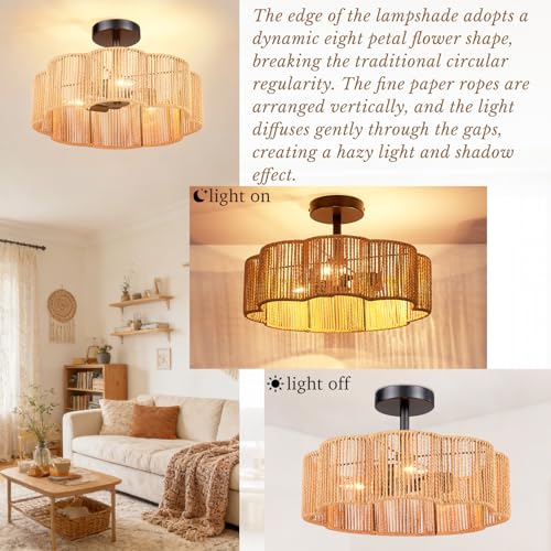 Hamilyeah 16 Inch Boho Semi Flush Mount Ceiling Light, Woven Scalloped Shade Ceiling Fixture with 3-Light E12 Base, Black Decorative Ceiling Light for Bedroom, Entryway, Kitchen, Hallway - color: Black 16 INCH Semi
