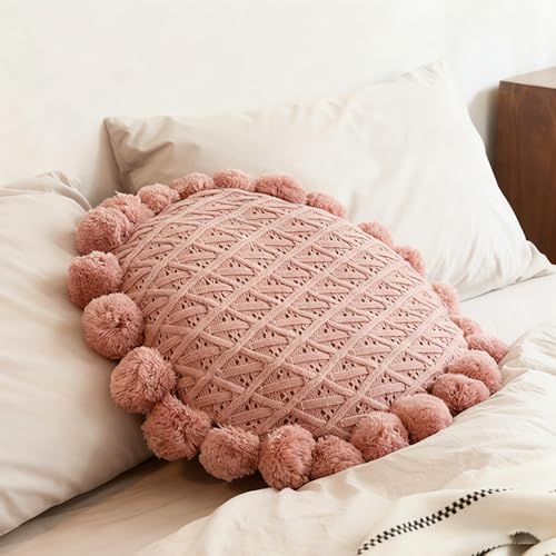 Byitre Bohemian Round Pillow 20 Inch | 100% Cotton Decorative Pillow Hand Tufted with Chunky Textured Poms | Boho Throw Pillow for Bed or Couch | Natural Pink Throw Pillow - color: Lattice Pink