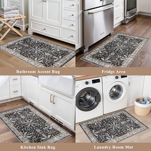 2x3 Rug Non-Slip Washable for Kitchen – Boho Small Throw Rug for Sink & Entryway, Soft Low Pile Thin Indoor Mat for Pet Area & Bathroom (Black, 2x3) - color: Black, size: 2' x 3' (Rectangular)