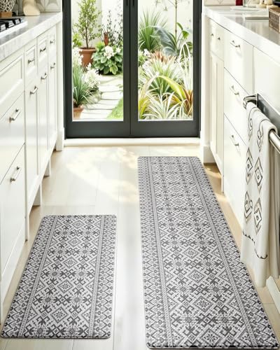 LUMI Anti-Fatigue Kitchen Floor Mats Set of 2,Cushioned Comfort Standing Rug Waterproof 2PCS, Non-Slip Ergonomic Foam Runner for Sink, Laundry, Office & Home,17x29+17x59, - color: Gray and White, size: 59"L x 17"W x 0.4"Th + 30"L x 17"W x 0.4"Th