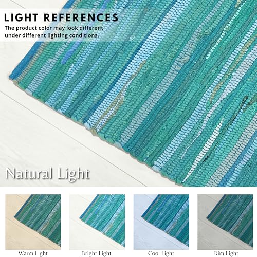Cotton Hand Woven Chindi Rug 2x3 Feet - Teal, Reversible Accent Front Door Mat Ideal for Kitchen, Entryway, Laundry Room | Green Durable Farmhouse Indoor Outdoor Floor Rag Rugs Ideal for Kids Space - color: Teal, size: 2 x 3 feet