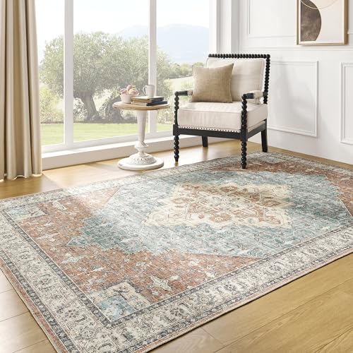 BILEEHOME Bohemian Rug 5x7 for Living Room Washable Machine Weave Mid Century Modern Bright Colors Dynamic Colorful 70s Funky Vintage Area Rugs,Terracotta Rust Burnt Orange and Turquoise Blue - color: Terracotta Turquoise, size: 5' x 7' (Rectangular)