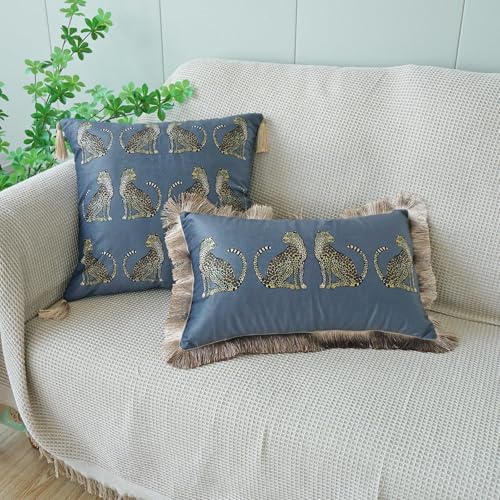 Square Decorative Throw Pillow Cover with Tassels Leopard Pattern Cushion Cover Luxury Style Soft Velvet Pillowcase for Sofa Couch Bedroom (18"x18",Grey) - color: Grey, size: 18" x 18" (Pack of 1)