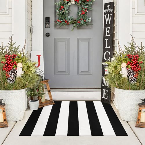 Black and White Striped Rug 27.5x43 Inches Front Door Rug Outdoor Small Striped Rugs Cotton Washable Indoor Outdoor Rug Doormats for Patio Farmhouse Entryway Kitchen Foyer - color: Black and White Striped Rug, size: 2‘×3’