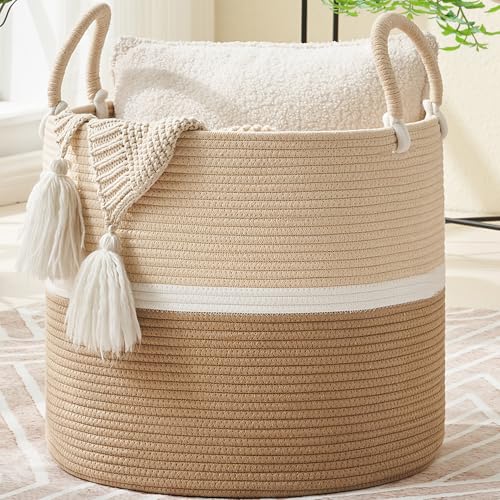 KAKAMAY Large Blanket Basket (18"x18"x16"),Woven Baby Laundry Hamper for Storage, Cotton Rope Blankets Baskets for Nursery, Laundry, Living Room, Pillows, Baby Toy chest with Handles (Light Brown) - color: Light Brown