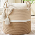 KAKAMAY Large Blanket Basket (18"x18"x16"),Woven Baby Laundry Hamper for Storage, Cotton Rope Blankets Baskets for Nursery, Laundry, Living Room, Pillows, Baby Toy chest with Handles (Light Brown) - color: Light Brown