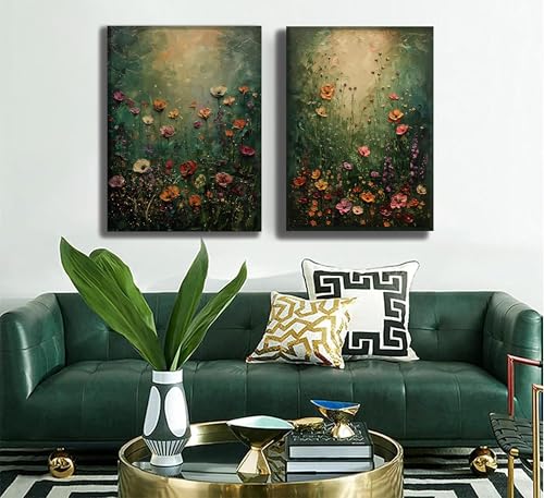 2Psc Vintage Framed Canvas Wall Art Dried Flowers Painting Picture Wall Decor Retro Moody Floral Botanical Poster Print Artwork for Bathroom Bedroom Living Room Gallery Home Decoration - color: Retro dark floral, size: 16"L x 12"W