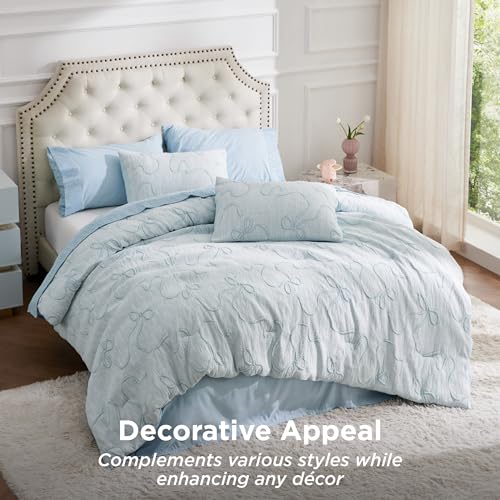 Bedsure Dusty Blue Comforter Set Queen, GentleSoft™ 3 Pieces Breathable Bow Comforter Set Women Girls with 2 Pillow Shams, Cute Queen Bedding Sets Room Decor Aesthetic Bedroom Decor, 90x90 Inches - color: 01 - Bow Dusty Blue, size: Queen (90" x 90")