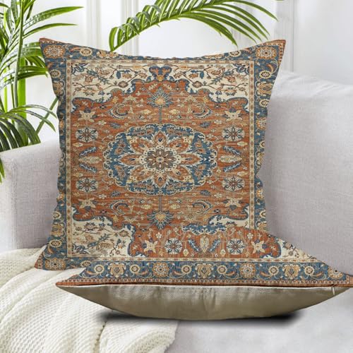 Boho Throw Pillow Covers 18x18 Set of 2 Orange Blue Ethnic Pattern | Western Boho Outdoor Pillows Cover Fall Autumn Bohemian Linen Decorative Pillowcase for Couch Bed Living Room Decor - color: Orange Blue 2, size: 18" x 18" (Pack of 2)