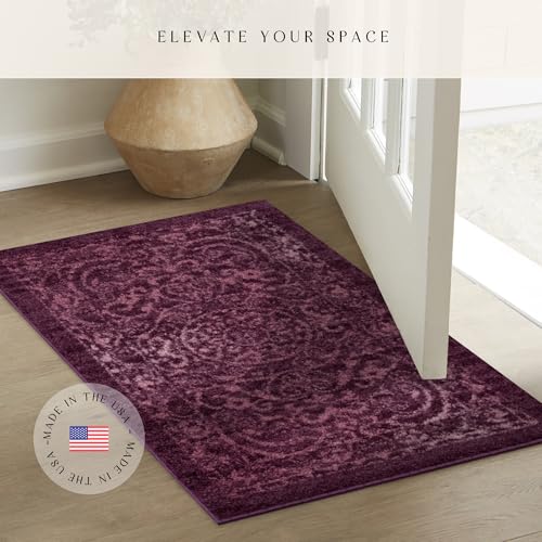 Maples Rugs Pelham Vintage Medallion Area Rugs - Made in USA - Washable, Non-Slip, Low Profile Indoor Rug for Entryway, Foyer, Kitchen, and Bathroom, 1'8 x 2'10, Wineberry - color: Wineberry, size: 1'8" x 2'10" (Rectangular)