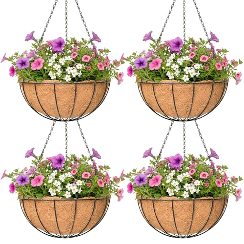 4 Pack Hanging Planter for Outdoor Plants 14 inch Metal Hanging Flower Basket with Coco Coir Liner Round Wire Plant Holder Chain Flower Pots Outdoor Garden Decoration Watering Hanging Baskets(XG) - size: 14" x 4 Pack, style: Watermelon