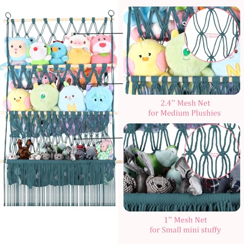 3 Tier Stuffed Animal Storage Shelf Net, 24x39 Inch Large Plushie Net w/LED Light & Clips for Mini Medium Stuffy Teddy, Aqua Boho Macrame Wall Toy Holder Display for Nursery Kids Girls Boys - color: Aqua, size: Large-3 Tier-24x39 Inch