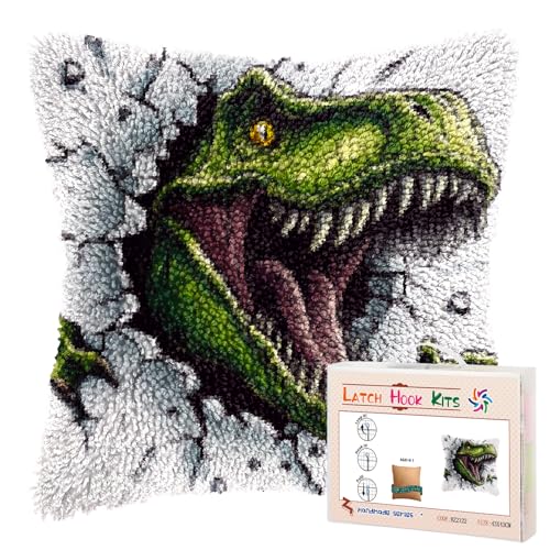 DIY Latch Hook Pillow Kits Green Dinosaur Printed Pillowcase Crochet Yarns Hooking Handmade Pillow Cover Cushion for Home Sofa Decoration 17x17inch-6 - color: 10-Green Dinosaur