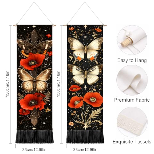 seewan 2 Pack Long Vertical Wall Tapestry, Boho Nature Landscape & Floral Aesthetic Wall Hanging for Bedroom Living Room Home Decor, Long Narrow Art Tapestry with Sunrise Mountain Botanical Designs, 13" × 51" (Poppy Vintage Bloom, 13"Wx51"H, Unframed) - c