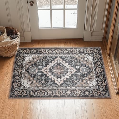 Lessymo 2 x 3 Entryway Rug, Machine Washable Area Rugs Boho Faux Wool Low Pile Area Rug for Bedroom, Floral Medallion Vintage Outdoor Rugs with Non-Slip Rubber,Black Brown - color: Black Brown, size: 2' x 3' (Rectangular)