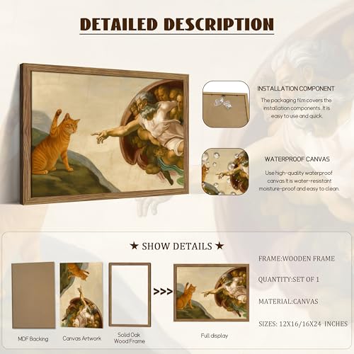 Framed Vintage Cat Canvas Wall Art, Funny Orange Cat Parody Classic Masterpiece Prints, Renaissance-Inspired Animal Artwork, Humorous Wall Decor for Living Room Bedroom Playroom – 12x16 inch - color: Funny Orange Cat, size: 16"L x 12"W