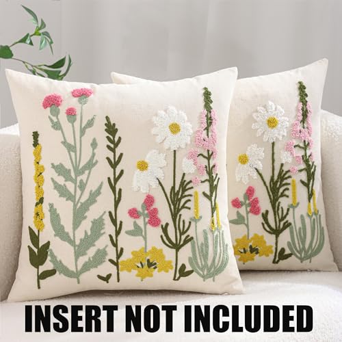 Embroidered Throw Pillow Covers 18x18 Pack of 2 Floral Decorative Pillow Covers Daisy Flowers Tufted Pillowcases Farmhouse Pillow Cushion Cases Square Pillow Case Summer Home Decor - color: Floral Daisy