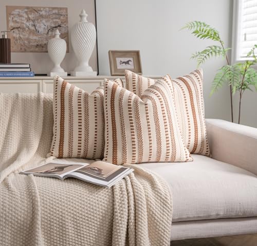 Cethom Brown Boho Throw Pillow Covers 18x18 Inch Set of 2, Stripe Textured Decorative Couch Pillow Cases for Bed, Sofa, Living Room, Bedroom, Farmhouse Home Accent Cushion Covers - color: Brown, size: 18" x 18" (Pack of 2)