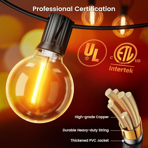 OHLUX Outdoor String Lights, 27FT LED Patio Lights with 13 Dimmable Plastic G40 Globe Bulbs(1 Spare), 2200K Waterproof Connectable Hanging Lights for Backyard Porch Cafe Party Decor E12 Socket Base - size: 27FT