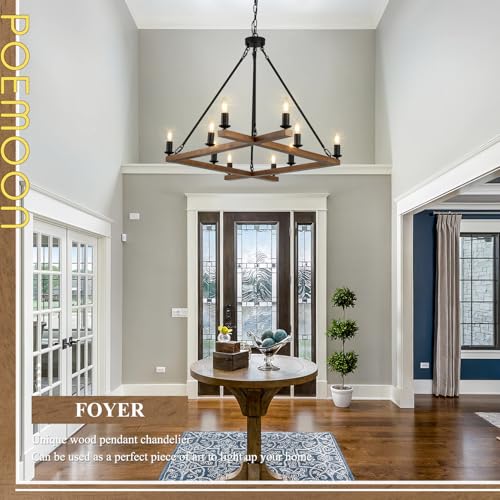 Rustic Oak Wooden Square Chandelier 10-Light L53'' Farmhouse Unique Rectangular Candle Chandelier Long Ceiling Pendant Lighting for High Ceiling Living Dining Room Foyer Kitchen Island, E12 - color: Golden Oak, size: 53 inches