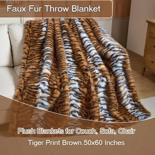 Luxury Fluffy Faux Fur Throw Blanket,Thick Fluffy Silky Fuzzy Cozy Blanket,Plush Blankets for Couch, Sofa, Chair, Bed-Tiger Print Brown-60 * 80inch - color: Tiger Print Brown, size: Twin (60" x 80")