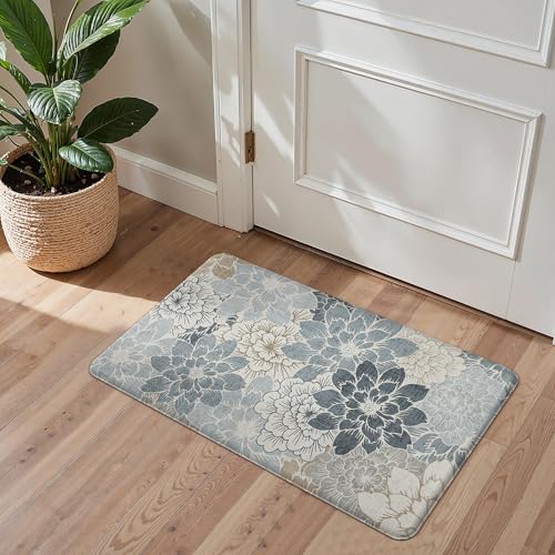 GENIMO Kitchen Mats for Floor, Kitchen Rugs Non Slip Washable Sets of 2, Waterproof Cushioned Anti Fatigue Mat, Floral Runner Rug for Laundry, Sink, Office, Home, 17.3"x59"+17.3"x30", LightBlue - color: Light Blue, size: 17.3"x59"+17.3"x30"
