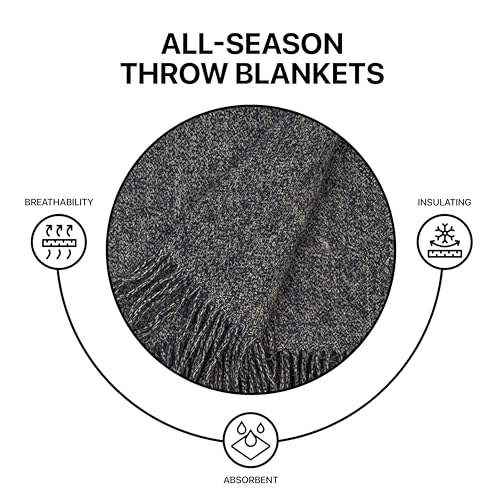 Merino Wool Throw Blanket, Indoor & Outdoor Blankets and Throws, Soft Blanket with Fringes, 65"x79" (170 x 200 cm) - color: Charcoal Blue, size: Queen (U.K. Standard)